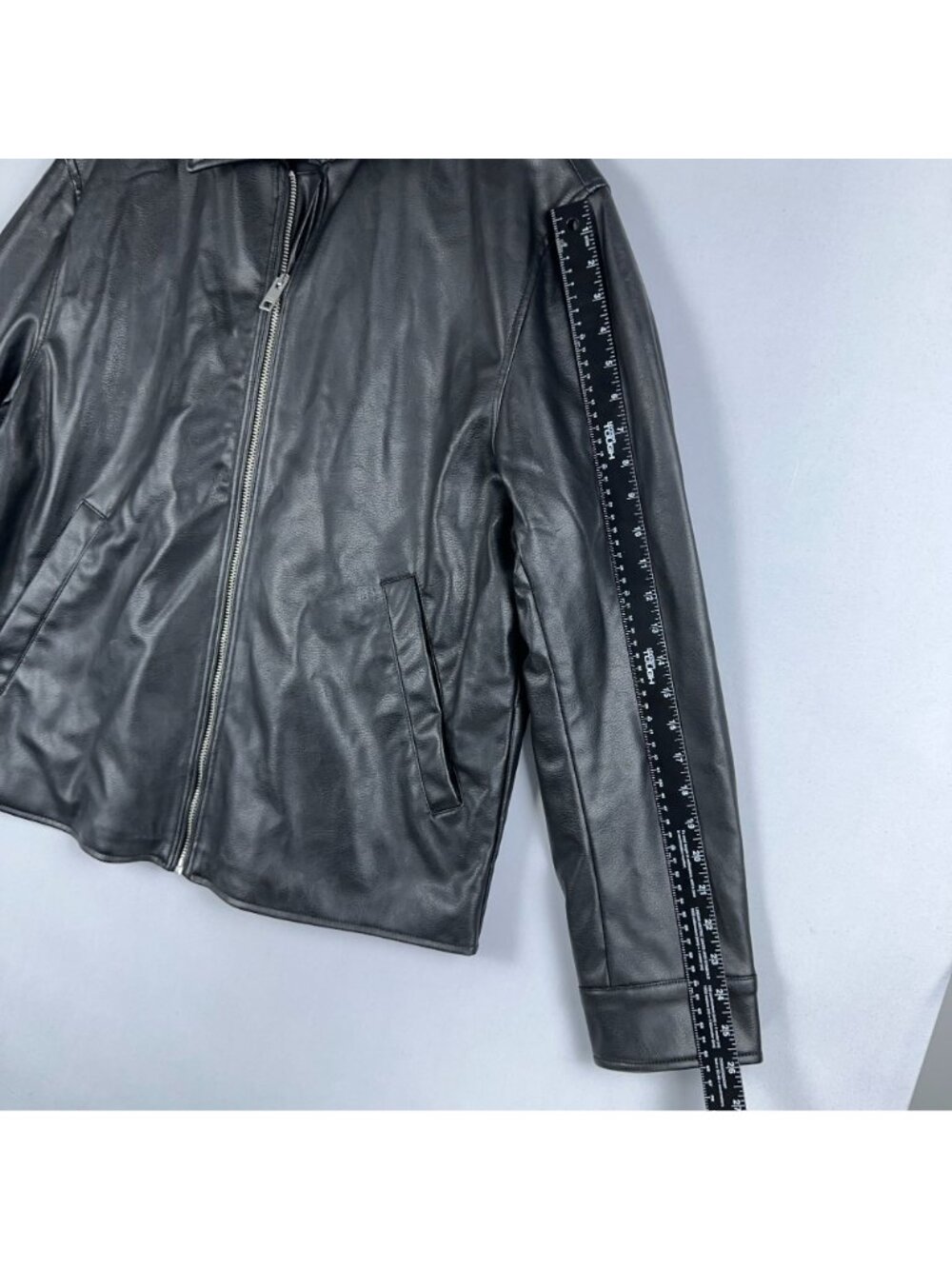 H&M Leather Jacket Coat Mens Size Large Black Zip-Up Front Welt Pockets - Picture 9 of 11